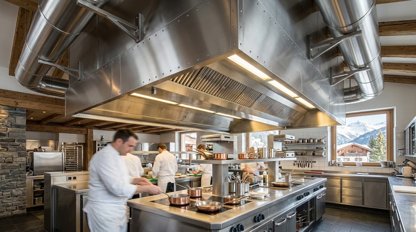 Gewerbliche Küchenabluftanlage und Edelstahl-Dunstabzugshaube in der Schweizer Gastronomie