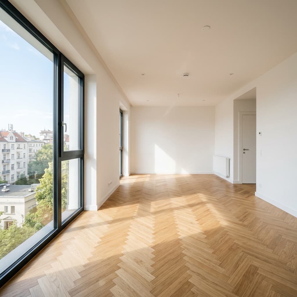 High-grade oak parquet floor after gentle professional cleaning for apartment handover in Zurich